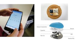 The UV Sense wearable UV dosimeter is seen at left mounted on someone&apos;s fingernail; when the device is swiped across a smartphone, an LED in the device communicates accumulated UV dose to the phone. Upper right is the device&apos;s electronics; lower device is an expanded view (although not pointing out the UV photosensor itself).