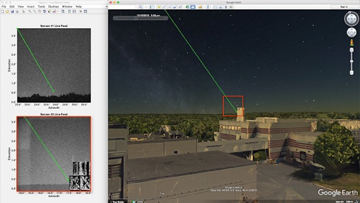 The LASSOS display screen highlights a laser strike event in live sensor imagery on the left and generates a 3D model of the laser streak in Google Earth (right). (Image credit: MIT Lincoln Laboratory)