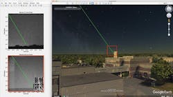 The LASSOS display screen highlights a laser strike event in live sensor imagery on the left and generates a 3D model of the laser streak in Google Earth (right). The LASSOS display screen highlights a laser strike event in live sensor imagery on the left and generates a 3D model of the laser streak in Google Earth (right).