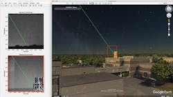 The LASSOS display screen highlights a laser strike event in live sensor imagery on the left and generates a 3D model of the laser streak in Google Earth (right).