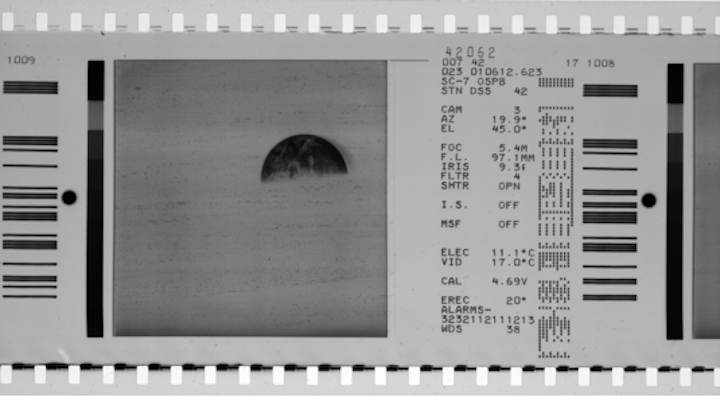 A typical film image from a Surveyor mission with a CRT display (left) and associated data fields (right) is shown; this is the data that the University of Arizona is tasked with digitizing and storing. (Image credit: Matrox Imaging)