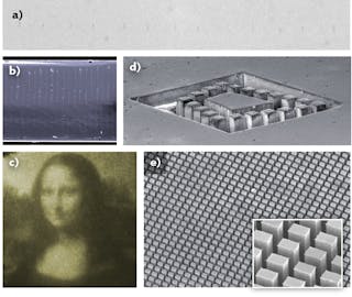 A pulsed 1550 nm laser beam creates (a) 1 &mu;m spherical structures (voxels) in silicon, as well as (b) rods created by nonlinear interactions of the beam as a function of the number of pulses applied. By scanning the laser beam to create voxel and rod patterns, in-chip structures such as a 600 &times; 600 pixel hologram of the Mona Lisa (c), as well as selectively etched structures (d and e) can be fabricated, further extending the possibilities for 3D silicon photonics.