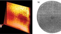 Two perpendicularly oriented Laue lenses focus an x-ray beam into a small spot (a). An object under investigation can then be placed into the optical path and its image recorded by the detector (courtesy of DESY, Andrew Morgan/Saša Bajt). Using this new setup, the silica shell of the diatom Actinoptychus senarius, which measures 0.1 mm across, is shown in fine detail in this x-ray hologram recorded at 5000-fold magnification. The lenses focused an x-ray beam to a spot about 8 nm in diameter, which then expanded to illuminate the diatom and form the hologram (courtesy of DESY/AWI, Andrew Morgan/Saša Bajt/Henry Chapman/Christian Hamm).