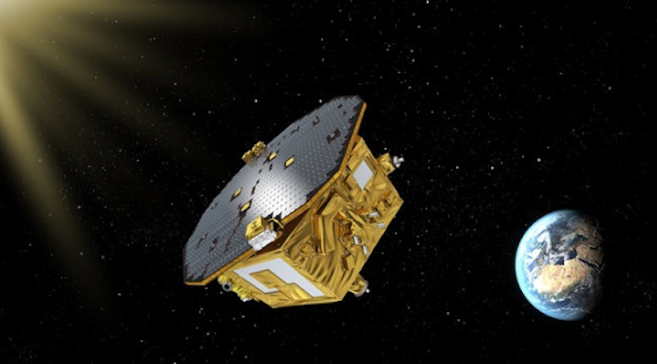 The LISA Pathfinder is shown in space, laying the groundwork for the eventual detection of gravity waves by its successor LISA. (Image credit: ESA)