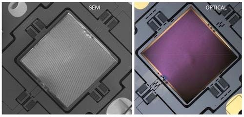 Metasurface-based flat lens is integrated onto a MEMS scanner: Scanning electron micrograph (left) and optical microscope image (right) of a lens-on-MEMS device. Integration of MEMS devices with metalenses will combine high-speed dynamic control with precise spatial manipulation of wavefronts.