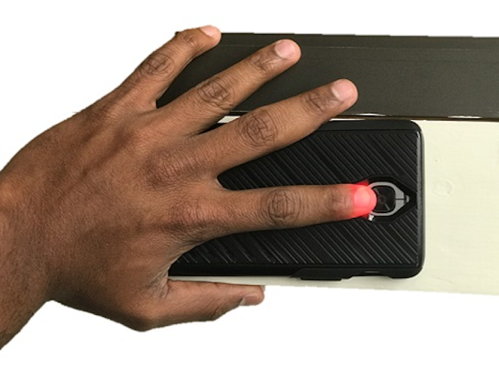 Light from a smartphone LED flash can travel through more than a centimeter of skin and soft tissue. This low-power nonionizing light is safe for biomedical imaging and cheap to produce, control, and sense. (Image credit: A. Sabharwal/Rice University)