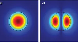 FIGURE 1. A few-mode fiber with its lowest-order linearly polarized mode groups has a geometry (a) that consists of a round core in a cladding; simulated amplitude of the electric field is shown for the LP01 (b), LP11 (c), and LP21 (d) modes.