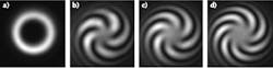 FIGURE 4. Infrared camera images show the intensity profile of an OAM mode (a) with L = 6, as well as interference patterns of OAM modes with a Gaussian beam, revealing the twisted phase front for L = 5 (b), L = 6 (c), and L = 7 (d). FIGURE 4. Infrared camera images show the intensity profile of an OAM mode (a) with L = 6, as well as interference patterns of OAM modes with a Gaussian beam, revealing the twisted phase front for L = 5 (b), L = 6 (c), and L = 7 (d).