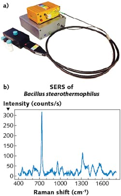 FIGURE 3. Detection of contaminant bacteria is especially important to the food industry. Here, a Raman-HR-TEC spectrometer (a) by StellarNet produces a SERS spectrum of bacillus stearothermophilusbacillus, which causes food spoilage (b).