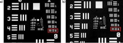 FIGURE 2. An Air Force resolution test target (a) is imaged through a hydrogel flat substrate and (b) imaged through a +1.5D Fresnel lens that was written into the hydrogel flat plate, showing high image quality. FIGURE 2. An Air Force resolution test target (a) is imaged through a hydrogel flat substrate and (b) imaged through a +1.5D Fresnel lens that was written into the hydrogel flat plate, showing high image quality.