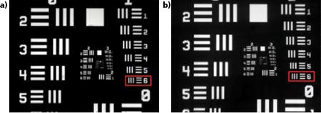 FIGURE 2. An Air Force resolution test target (a) is imaged through a hydrogel flat substrate and (b) imaged through a +1.5D Fresnel lens that was written into the hydrogel flat plate, showing high image quality.