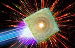 A schematic view shows a microbubble implosion, depicting the laser illumination, hot electron spread, implosion, and proton flash. A schematic view shows a microbubble implosion, depicting the laser illumination, hot electron spread, implosion, and proton flash.