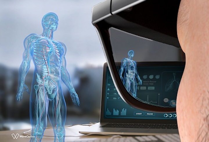 In one augmented reality (AR) application, computer-generated imagery is projected through the waveguide into your eye and appears as a virtual image in the real world. (Image credit: Optics Balzers)