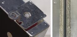 FIGURE 3. Welding of 1100 and 3003 AL battery enclosures is shown (a), as well as weld quality for the wobble (bottom) vs. non-wobble process (top) in 5000 series aluminum (b).