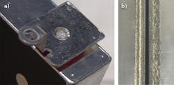 FIGURE 3. Welding of 1100 and 3003 AL battery enclosures is shown (a), as well as weld quality for the wobble (bottom) vs. non-wobble process (top) in 5000 series aluminum (b). FIGURE 3. Welding of 1100 and 3003 AL battery enclosures is shown (a), as well as weld quality for the wobble (bottom) vs. non-wobble process (top) in 5000 series aluminum (b).