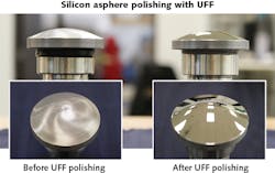 FIGURE 4. Silicon aspheric surfaces are shown before and after polishing with UFF. A typical surface finish for silicon after the fine-grinding stage and before polishing is 5 &micro;m RMS; UFF can improve the surface finish to 30 &angst; RMS.