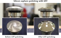 FIGURE 4. Silicon aspheric surfaces are shown before and after polishing with UFF. A typical surface finish for silicon after the fine-grinding stage and before polishing is 5 µm RMS; UFF can improve the surface finish to 30 Å RMS. FIGURE 4. Silicon aspheric surfaces are shown before and after polishing with UFF. A typical surface finish for silicon after the fine-grinding stage and before polishing is 5 µm RMS; UFF can improve the surface finish to 30 Å RMS.