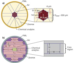 FIGURE 3. Examples of PCFs used as sensors include a suspension-type cladding with porous core (a) and a rectangular air-hole cladding with hollow core (b). FIGURE 3. Examples of PCFs used as sensors include a suspension-type cladding with porous core (a) and a rectangular air-hole cladding with hollow core (b).