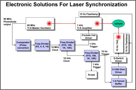 FIGURE 1. An assortment of PRL modules is used throughout the timing chain of this pump/probe spectroscopy experiment to perform pulse conversion, frequency division, and fanout. Many laser applications have similar requirements.