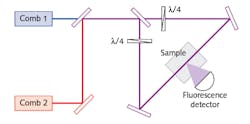 The dual-comb Doppler-free spectroscopy setup with two-photon excitation is shown. The dual-comb Doppler-free spectroscopy setup with two-photon excitation is shown.