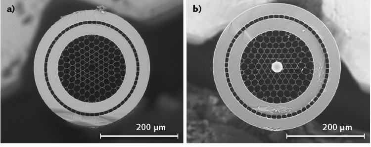 FIGURE 2. A cross-sectional view of the double-clad hollow core fiber that enables efficient delivery of femtosecond pulses and retrieval of nonlinear signals (a) is shown; the same fiber incorporating a 30 &micro;m silica bead at its distal tip (b) is also shown.