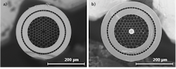 FIGURE 2. A cross-sectional view of the double-clad hollow core fiber that enables efficient delivery of femtosecond pulses and retrieval of nonlinear signals (a) is shown; the same fiber incorporating a 30 &micro;m silica bead at its distal tip (b) is also shown.