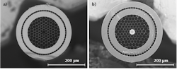 FIGURE 2. A cross-sectional view of the double-clad hollow core fiber that enables efficient delivery of femtosecond pulses and retrieval of nonlinear signals (a) is shown; the same fiber incorporating a 30 µm silica bead at its distal tip (b) is also shown. FIGURE 2. A cross-sectional view of the double-clad hollow core fiber that enables efficient delivery of femtosecond pulses and retrieval of nonlinear signals (a) is shown; the same fiber incorporating a 30 µm silica bead at its distal tip (b) is also shown.