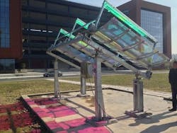 A new type of concentrating solar panel still harvests solar energy for electricity generation, but lets red and blue light go through to illuminate crops growing underneath, without sacrificing growth performance. A new type of concentrating solar panel still harvests solar energy for electricity generation, but lets red and blue light go through to illuminate crops growing underneath, without sacrificing growth performance.