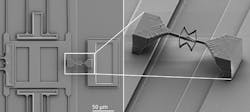 Shown is a 3D microstructure printed on a MEMS actuator. Shown is a 3D microstructure printed on a MEMS actuator.