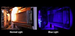 To improve the ability of researchers to 'see' through fire, NIST has developed an imaging system using ordinary blue light to dramatically clear the picture. This is a still from the video below, which was shot by J. Gales/York University and edited by D. Sawyer/NIST. To improve the ability of researchers to 'see' through fire, NIST has developed an imaging system using ordinary blue light to dramatically clear the picture. This is a still from the video below, which was shot by J. Gales/York University and edited by D. Sawyer/NIST.
