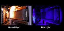 Narrowband blue illumination and matched optical filter allow seeing through fire