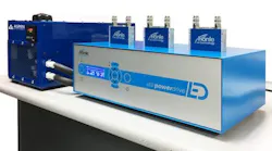 An industrial UV LED light source made by Honle UV (right) is cooled using a chiller produced by Aspen Systems (left).