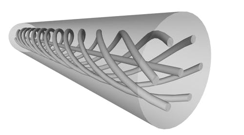 FIGURE 1. Three-dimensional shape sensing promises to facilitate procedures such as coronary angioplasty with highly accurate GPS-like guidance provided by feedback from the optical fiber, which exhibits strain when bent; this application is enabled by a highly complex optical fiber such as the spun seven-core SM-7C 1500(6.1/125).