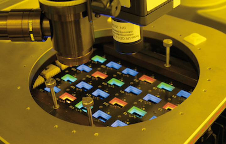 Electron-beam patterning causes OLED surface to emit red, green, or blue