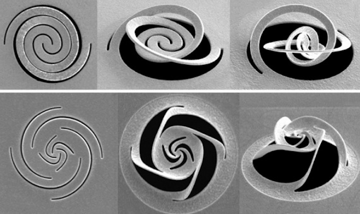 A focused ion beam slices through thin metal foil and the different patterns cause the metal to fold into predetermined shapes that can be used as optical elements for modifying and controlling light. (Image credit: MIT)