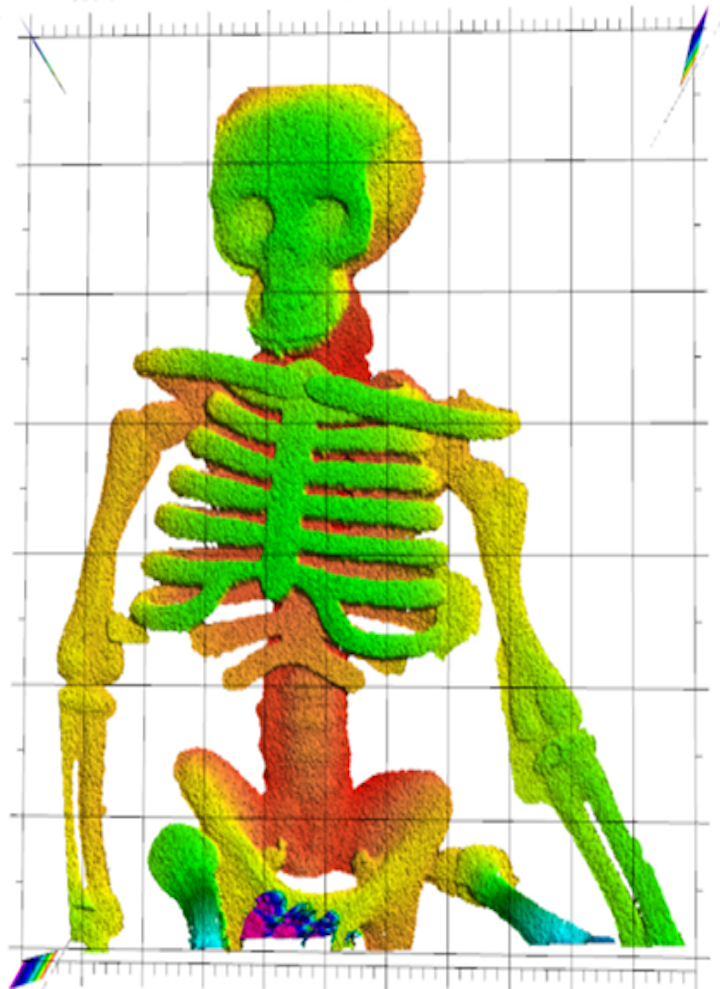 NIST researchers demonstrated that laser ranging could 'see through flames' to make this image of a plastic skeleton toy. Laser ranging captured the plastic skeleton's complex 3D shape, with depth indicated by false color. The plastic did not melt or deform in the fire. (Image credit: Baumann/NIST)