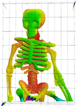 NIST researchers demonstrated that laser ranging could &apos;see through flames&apos; to make this image of a plastic skeleton toy. Laser ranging captured the plastic skeleton&apos;s complex 3D shape, with depth indicated by false color. The plastic did not melt or deform in the fire.