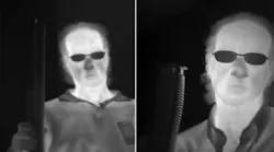 The image on the right shows the improved resolution of a strained-layer superlattice (SLS) detector array as compared to that of a quantum-well infrared photodetector (QWIP) array at left.
