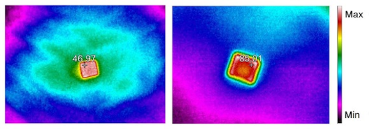 Thermal images show the difference in solar radiation absorbed by a bare silicon wafer (left) and a tellurium nanoparticle (right). (Image credit: Science Advances)