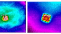 Thermal images show the difference in solar radiation absorbed by a bare silicon wafer (left) and a tellurium nanoparticle (right).