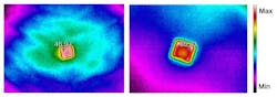 Thermal images show the difference in solar radiation absorbed by a bare silicon wafer (left) and a tellurium nanoparticle (right).