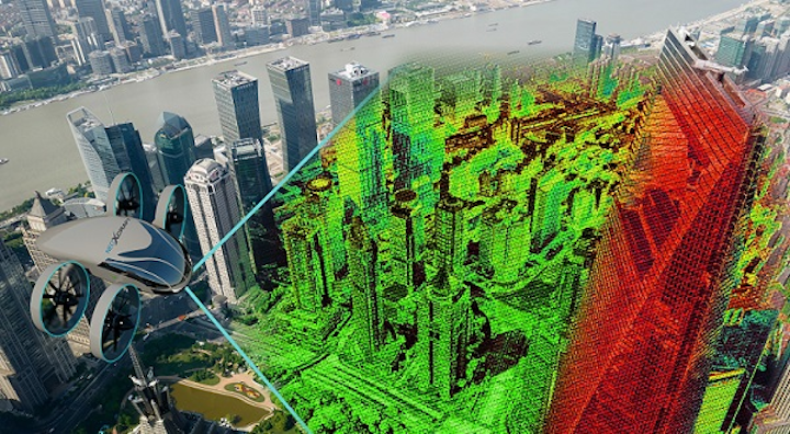 A conceptual image shows how a vertical take-off and landing craft from VRCO (at left) will use lidar data from solid-state Quanergy sensors to improve situational awareness and safety of its passenger aircraft. (Image credit: Quanergy)