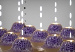 A schematic shows a single-photon emitter array using atomically thin materials placed on nanopillars. A schematic shows a single-photon emitter array using atomically thin materials placed on nanopillars.