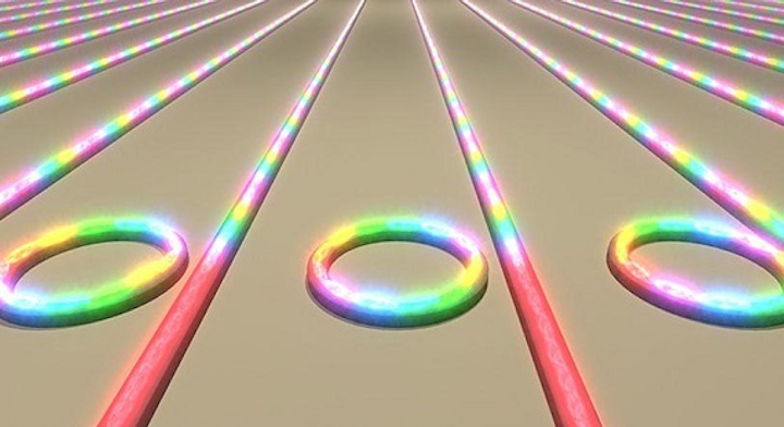 An illustration shows an array of microring resonators on a chip converting laser light into frequency combs. (Image credit: Columbia Engineering)