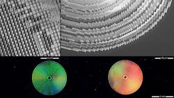 Scanning electron micrographs show extreme close-ups of the Columbia University broadband metasurface lens (top left and right). The lens is composed of silicon nanopillars with various cross-sectional shapes patterned on a glass substrate. The bottom images show two elements of a multielement metalens imaging system.