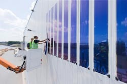 Installation of the organic photovoltaic (OPV) fa&ccedil;ade in the port of Duisburg was rapid and easy, and will generate energy for years to come.
