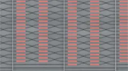 A schematic of a few chained modular linear optical-circuit chips shows offsetting of each chip from the previous by one waveguide, thus forming a multiport interferometer; microheater phase shifters are shown in red.