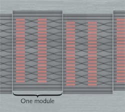 A schematic of a few chained modular linear optical-circuit chips shows offsetting of each chip from the previous by one waveguide, thus forming a multiport interferometer; microheater phase shifters are shown in red. A schematic of a few chained modular linear optical-circuit chips shows offsetting of each chip from the previous by one waveguide, thus forming a multiport interferometer; microheater phase shifters are shown in red.