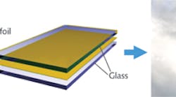 FIGURE 1. A visualization shows the concept of preparing a glass fa&ccedil;ade for a building by laminating glass sheets together with a perovskite solar module.