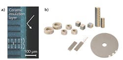 FIGURE 3. The all-ceramic insulation of PICMA multilayer piezo ceramic elements protects them from environmental influences (a); a large variety of standard shapes and sizes of PICMA multilayer piezo ceramic elements are available (b). FIGURE 3. The all-ceramic insulation of PICMA multilayer piezo ceramic elements protects them from environmental influences (a); a large variety of standard shapes and sizes of PICMA multilayer piezo ceramic elements are available (b).